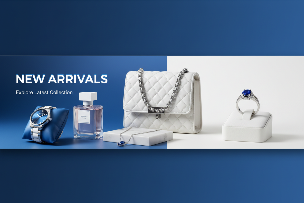 New Arrivals Blue White Banner